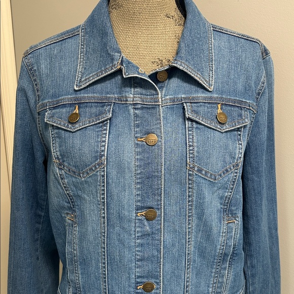 Ann Taylor LOFT Classic Blue Denim LS Flap Pocket Button Front Jacket Sz Large - Picture 3 of 8